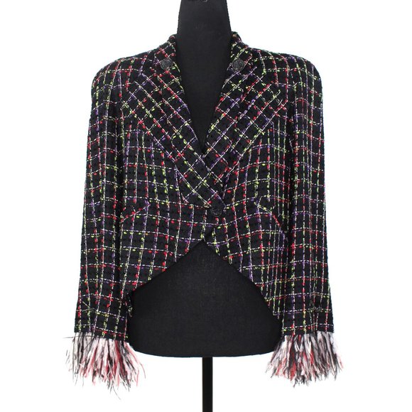 CHANEL Jackets & Blazers - Chanel Black Multicolor Plaid Tweed Ostrich Feather Trim Cuffs Blazer Jacket 44